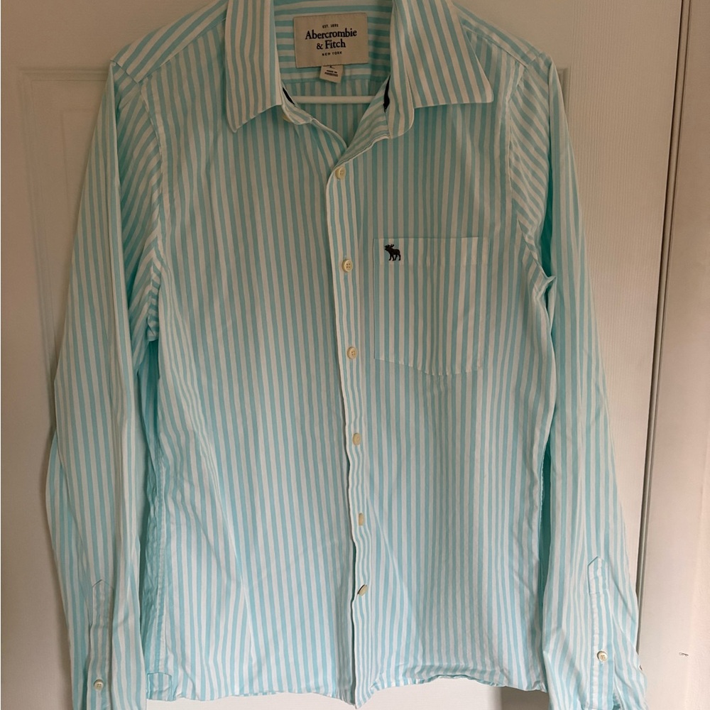 Abercrombie & Fitch Men's Aqua and White Striped Shirt